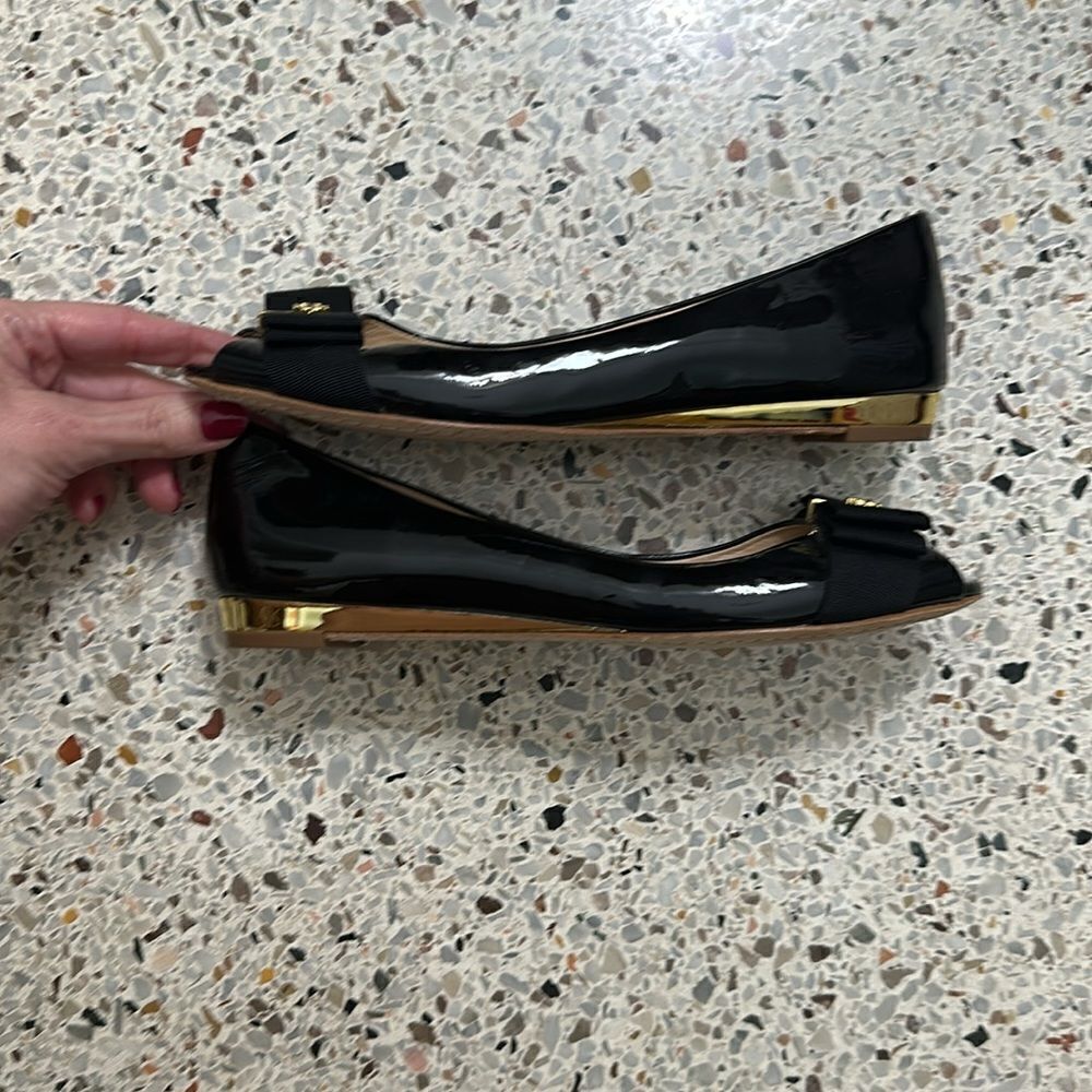 Tory Burch Black Peep Toe Flats with Gold Accent - Picture 2 of 7